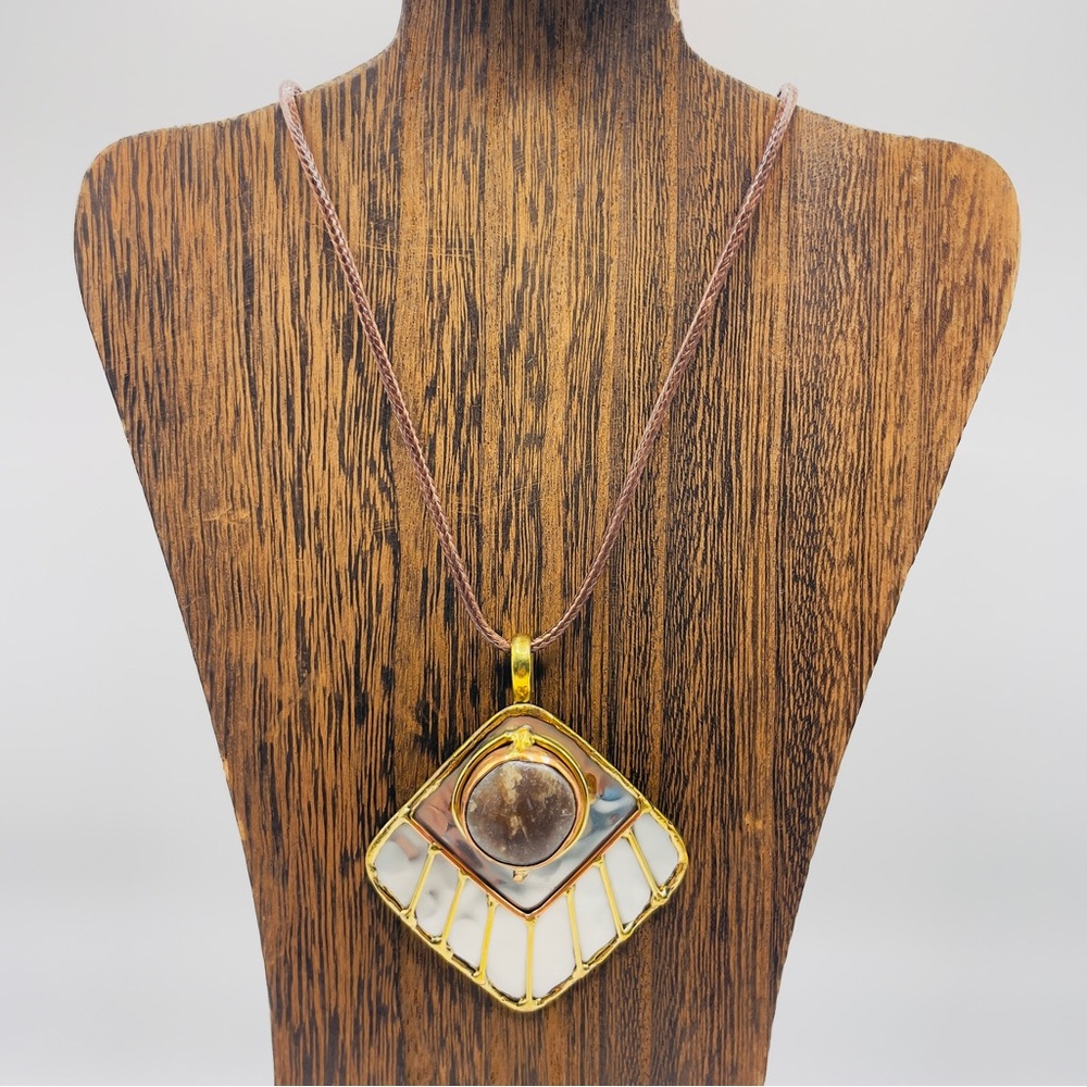 Handmade Artisan Gold, Copper and Silver Pendant Necklace with 18” Leather Cord
